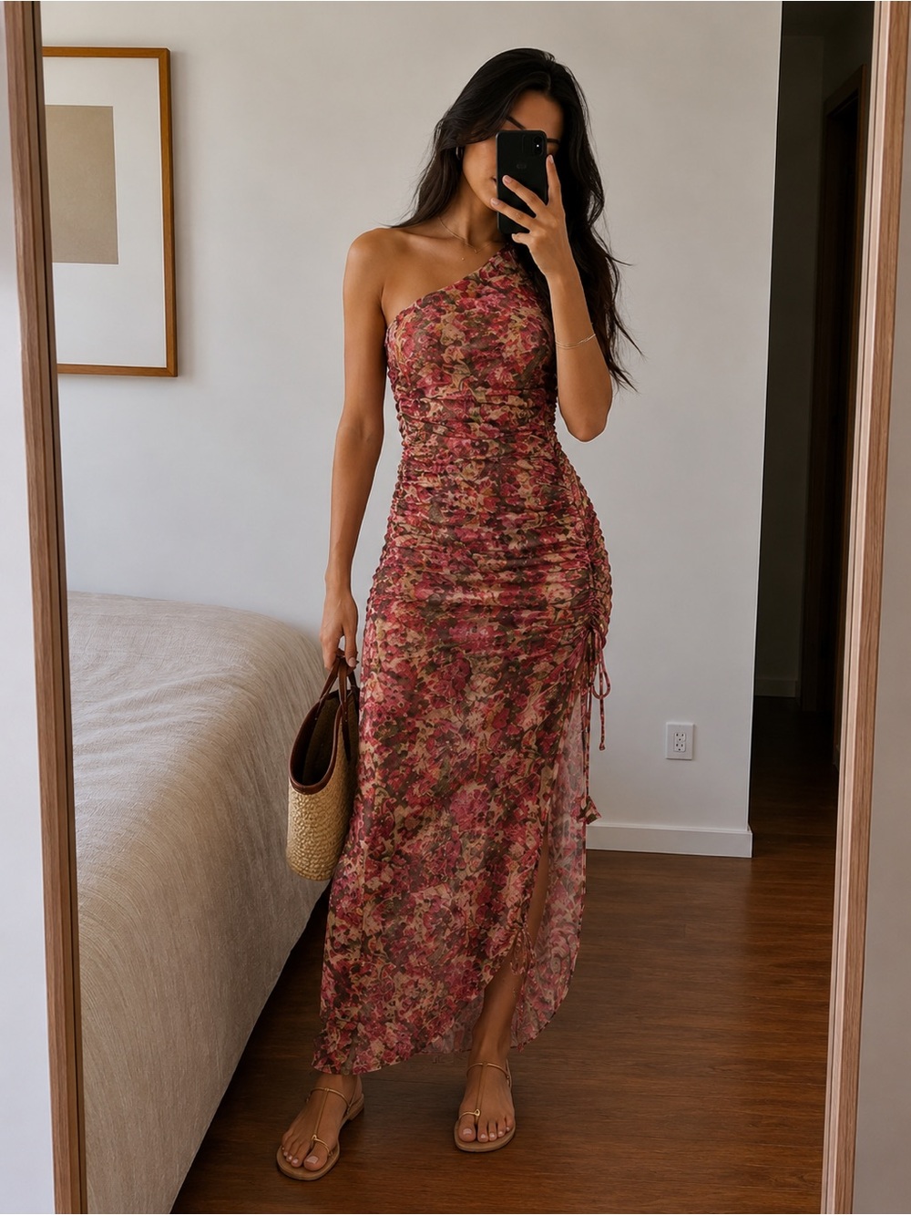 MISA Los Angeles Romantic One Shoulder Ruched Maxi Dress Floral Pink XXS - Picture 1 of 13